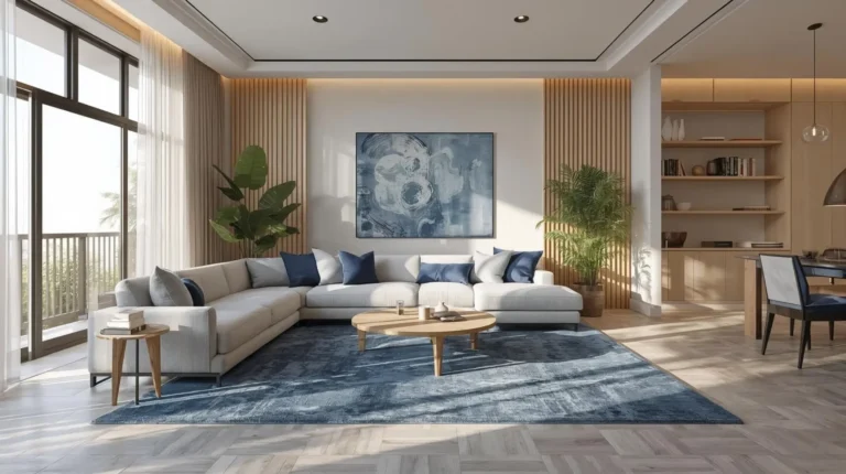Living room with blue accents featuring a neutral sofa, layered blue pillows, blue rug, modern decor, and bright natural light.