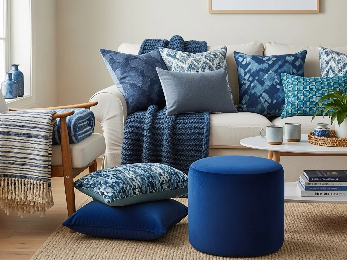 Living room with blue accents featuring layered blue textiles for a cozy atmosphere.