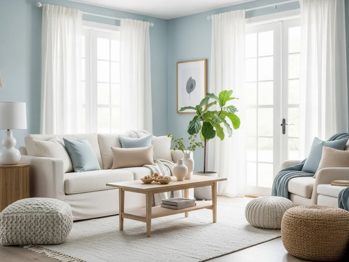 Living room with blue accents featuring light blue walls for a calming backdrop