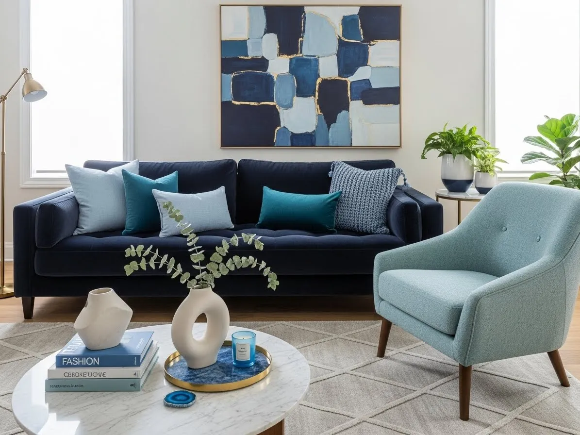 Living room with blue accents styled using multiple shades of blue for a layered look.