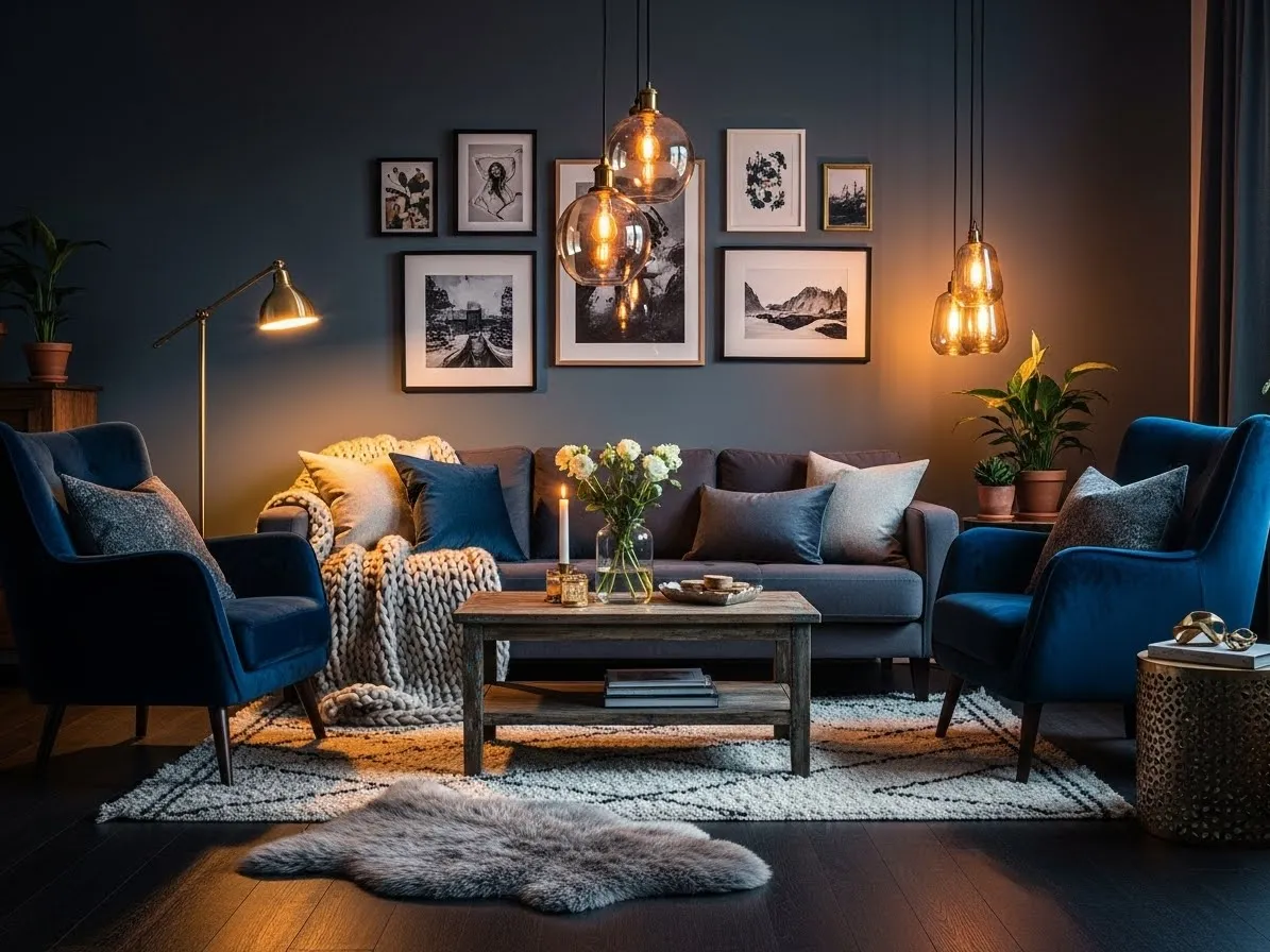Living room with blue accents styled in moody dark blue tones and warm lighting.