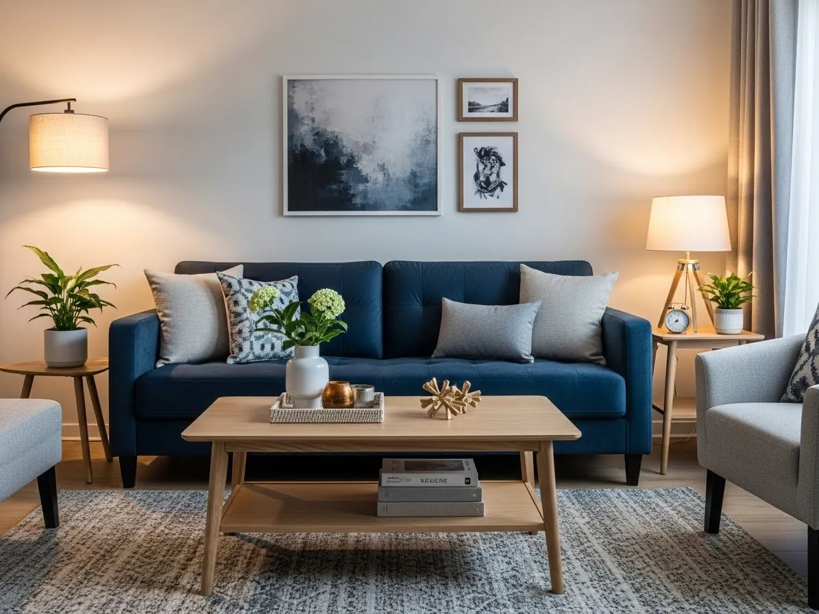 Living room with blue accents showcasing a navy blue sofa paired with light walls and warm decor.