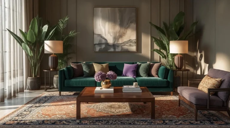 Luxurious living-room-with-green-sofa with emerald sofa, layered cushions, and modern stylish décor