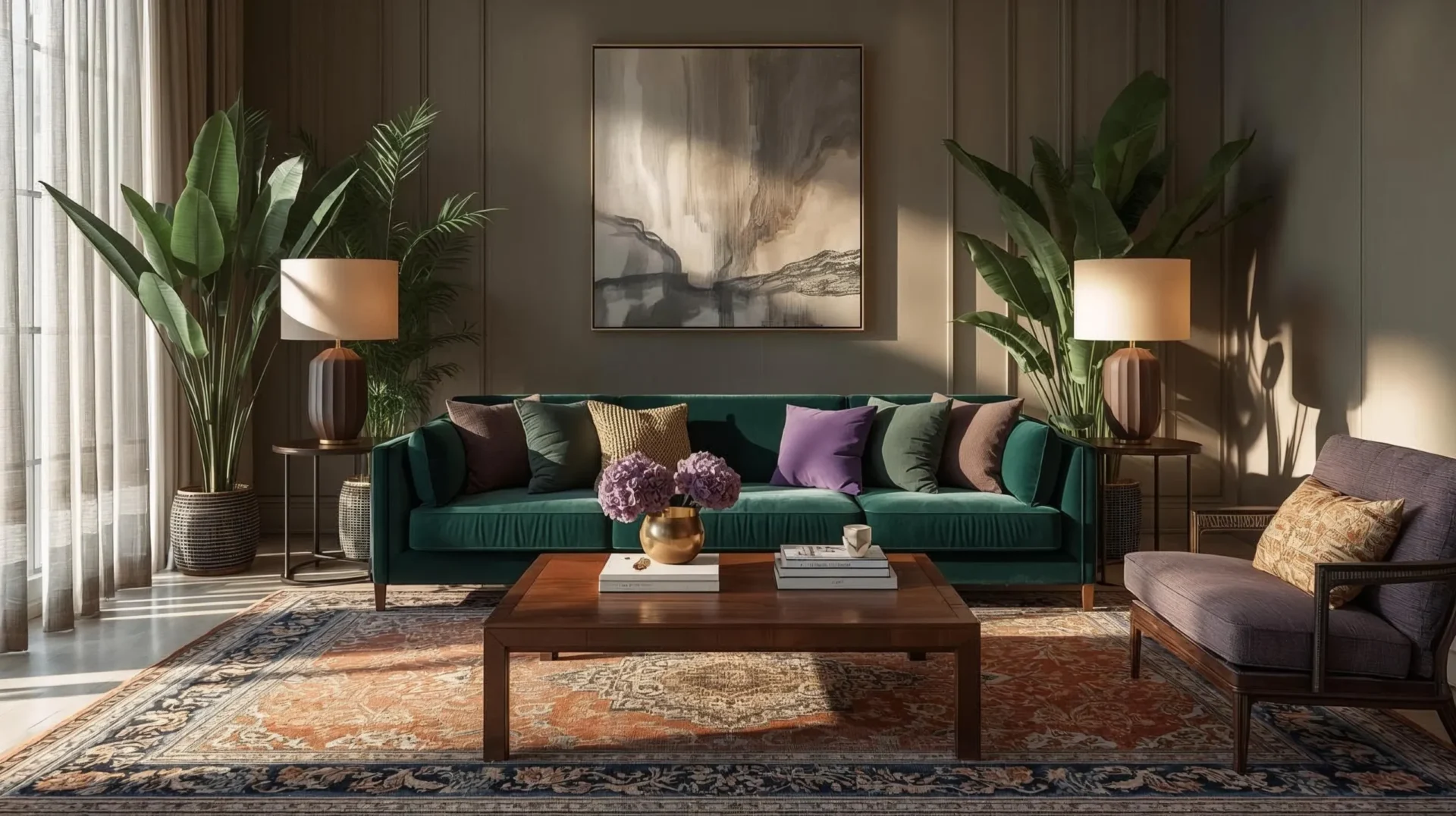 Luxurious living-room-with-green-sofa with emerald sofa, layered cushions, and modern stylish décor