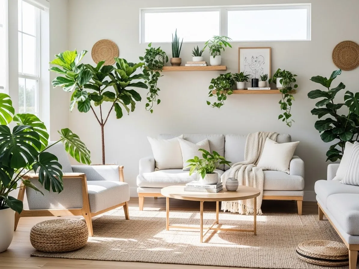 Living room decorated with indoor plants for a fresh and natural look.