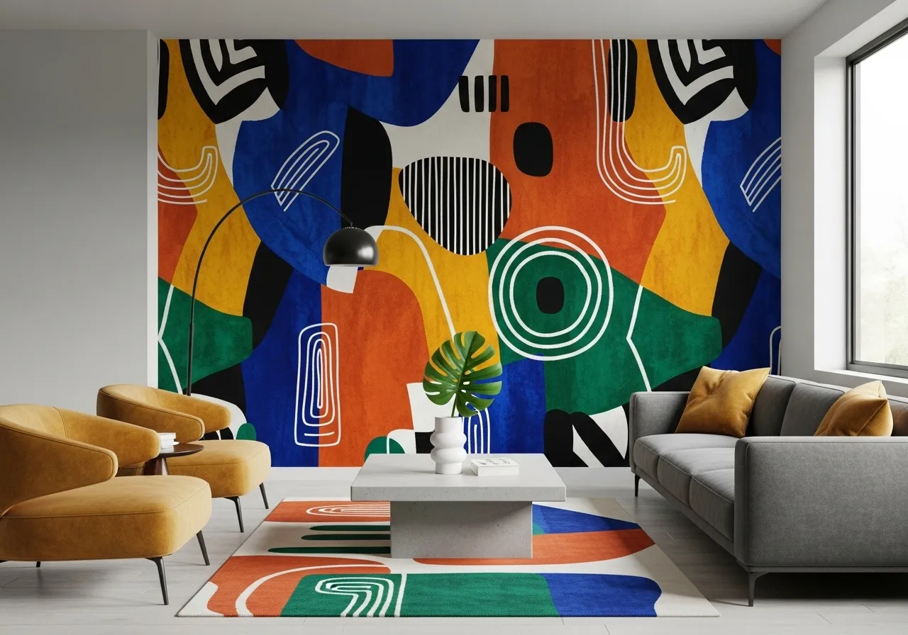 Abstract art living room with wallpaper as a bold statement wall