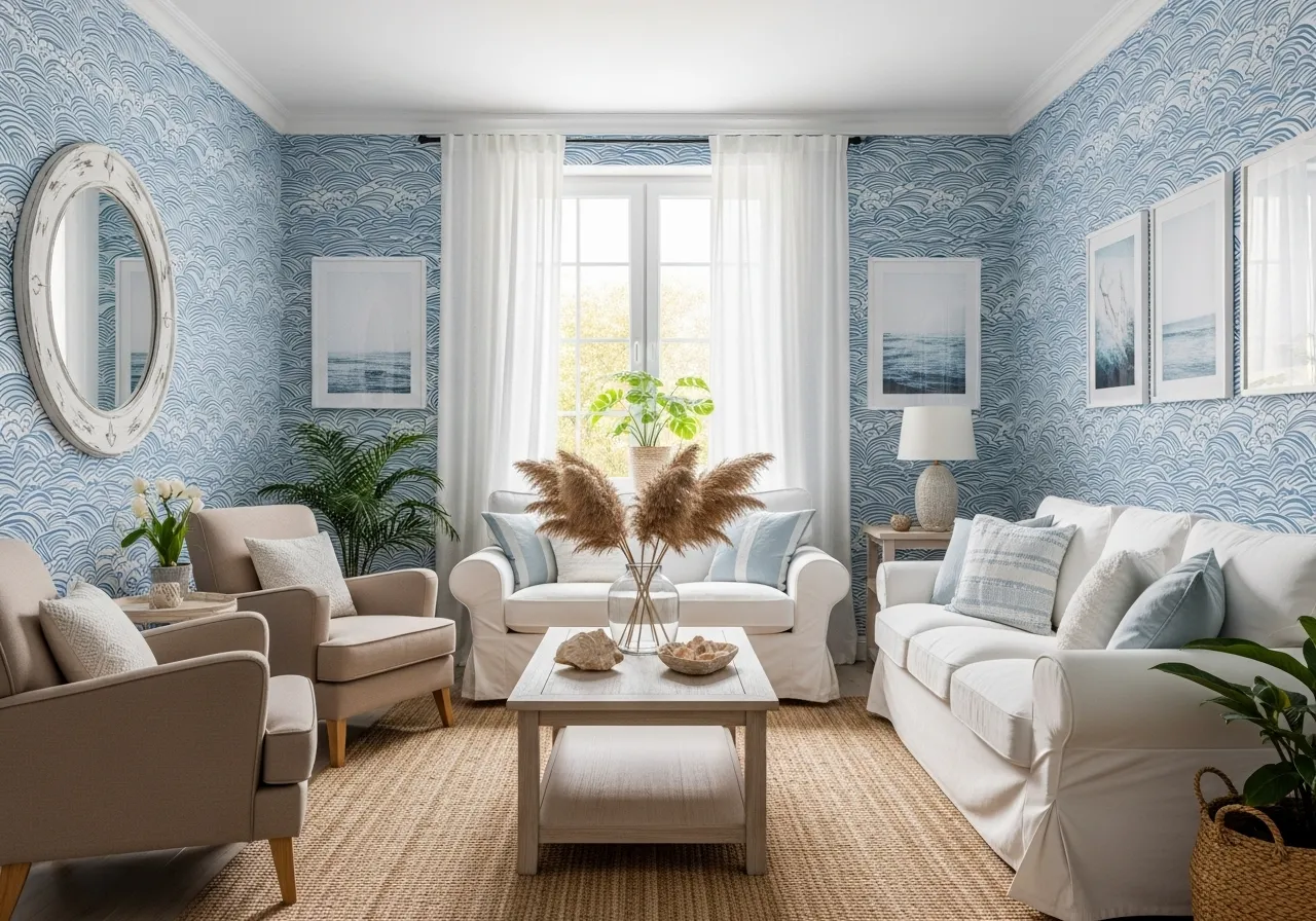 Blue wave wallpaper living room with a calm coastal feel