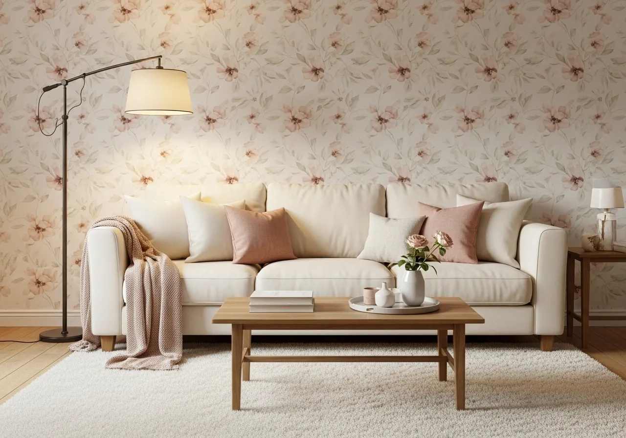 Blush floral wallpaper living room with soft and cozy decor