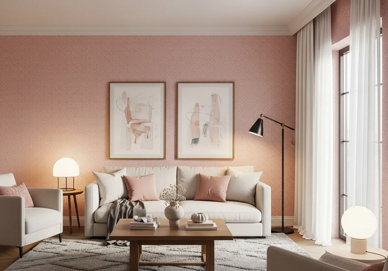 Blush patterned wallpaper living room with soft modern decor