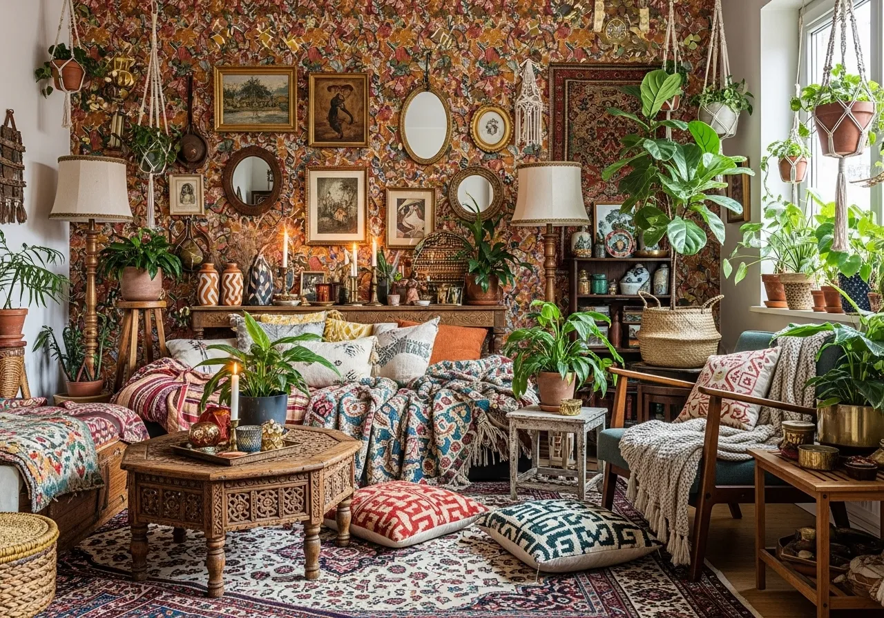 Eclectic boho living room with wallpaper and colorful decor