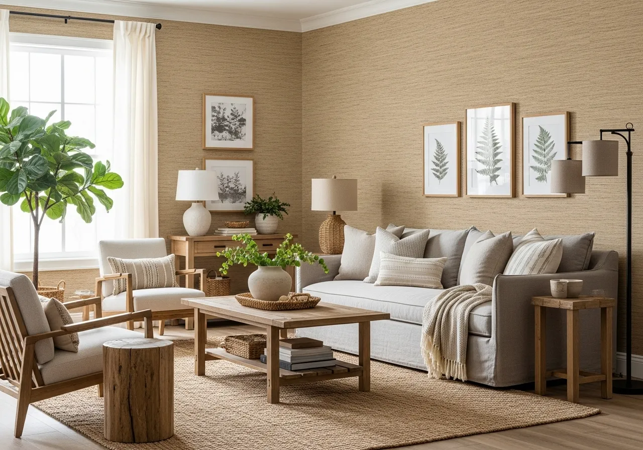 Grasscloth wallpaper living room with natural and elegant design
