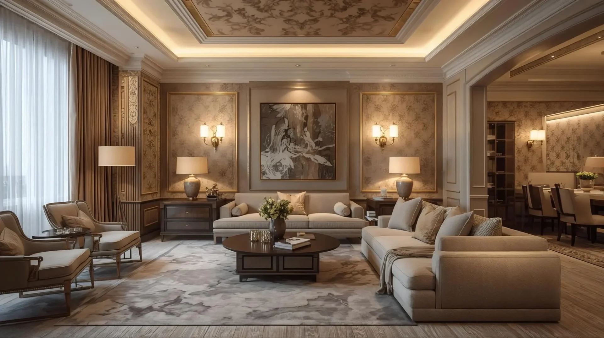 Living room with wallpaper ideas featuring a stylish and modern interior design