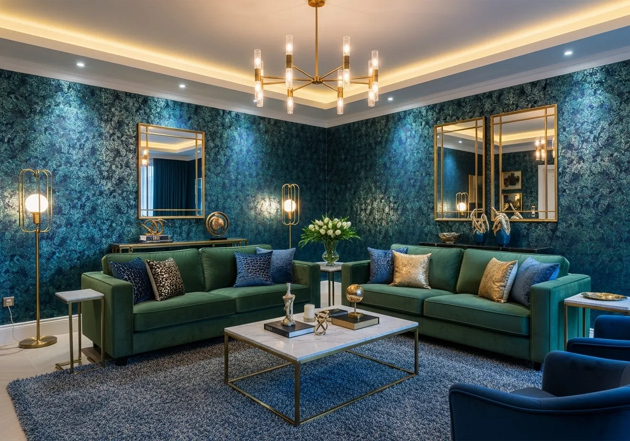 Jewel-tone living room with wallpaper creating a bold luxury look