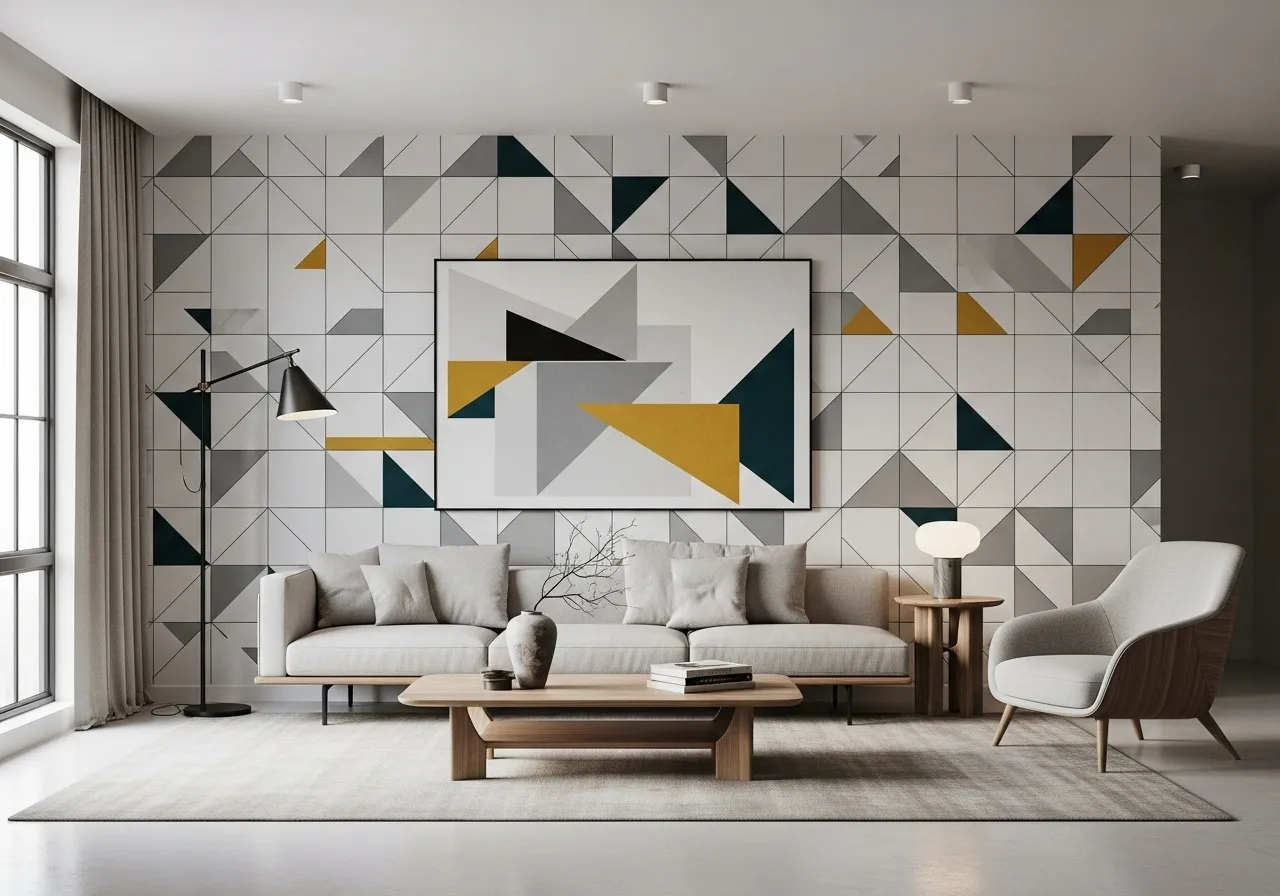 Modern geometric wallpaper living room with contemporary decor