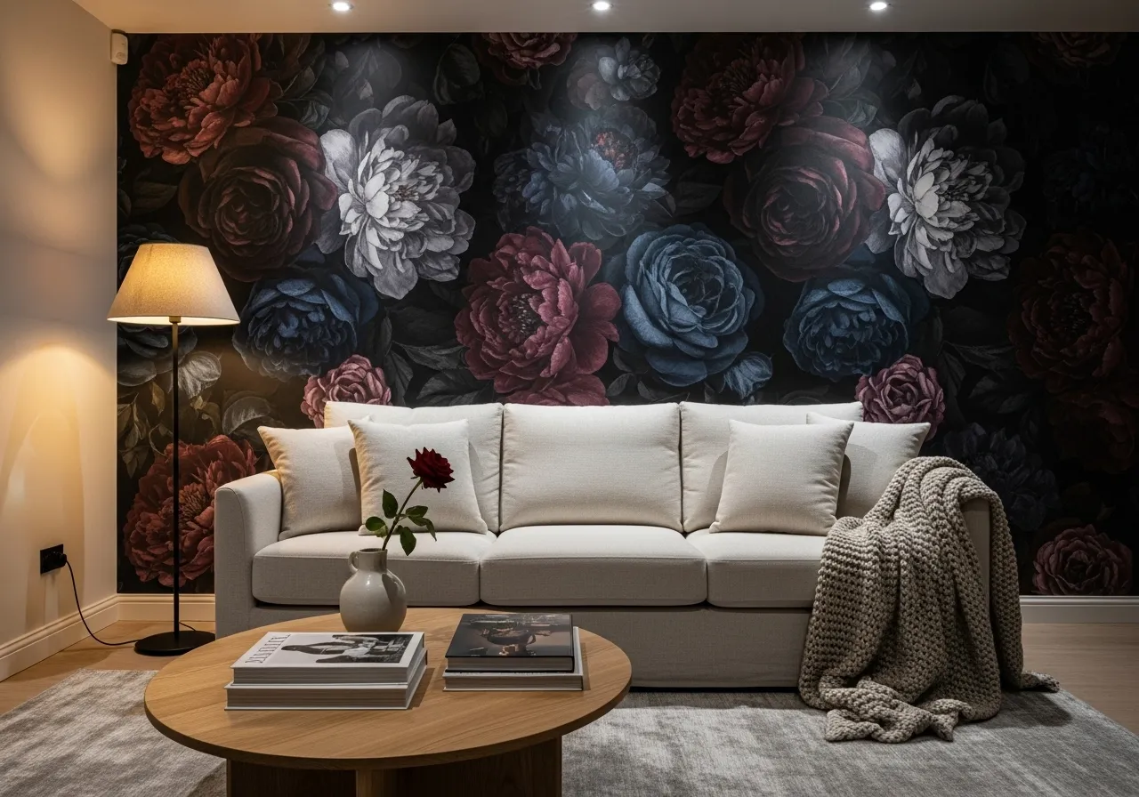 Moody living room with wallpaper featuring dark floral patterns and cozy decor