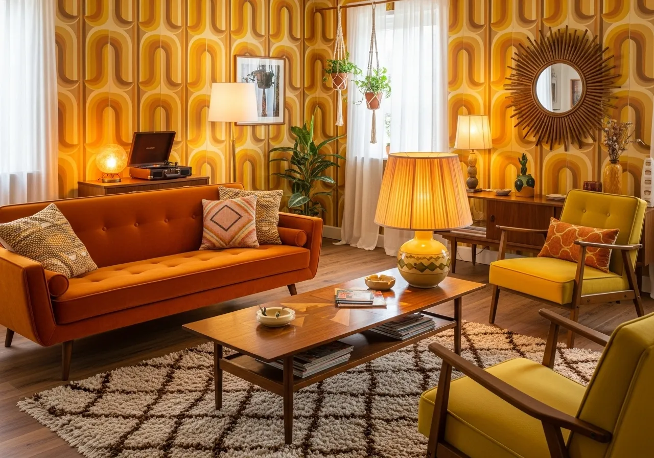 Retro living room with wallpaper inspired by 1970s colors and patterns