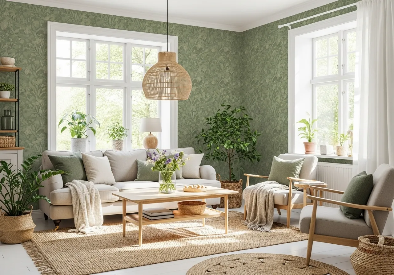 Sage botanical wallpaper living room with a fresh organic look