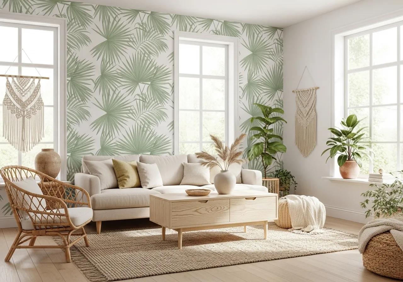 Sage green palm wallpaper living room with a relaxing natural feel