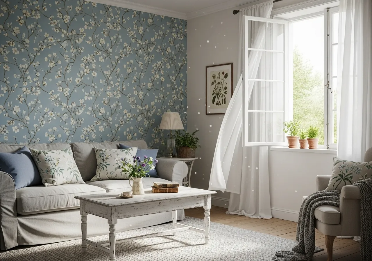 Soft blue floral wallpaper living room with a calm and airy look