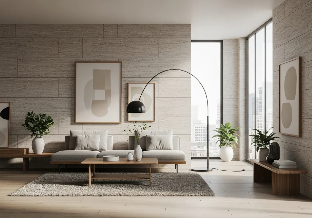 Living room with wallpaper designed to look like natural stone texture