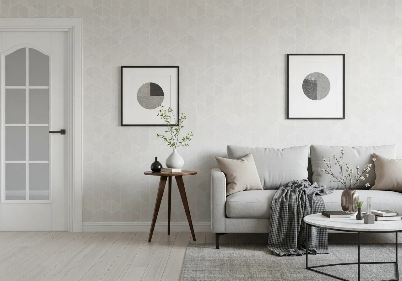 Living room with wallpaper showcasing soft geometric patterns