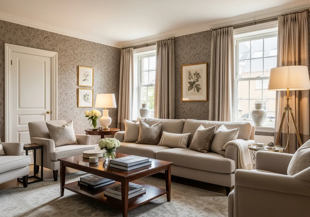 Taupe leaf wallpaper living room with neutral elegant styling