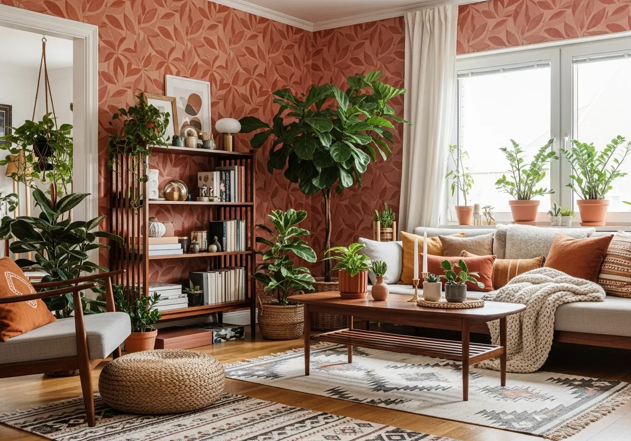 Terracotta leaf wallpaper living room with warm natural styling