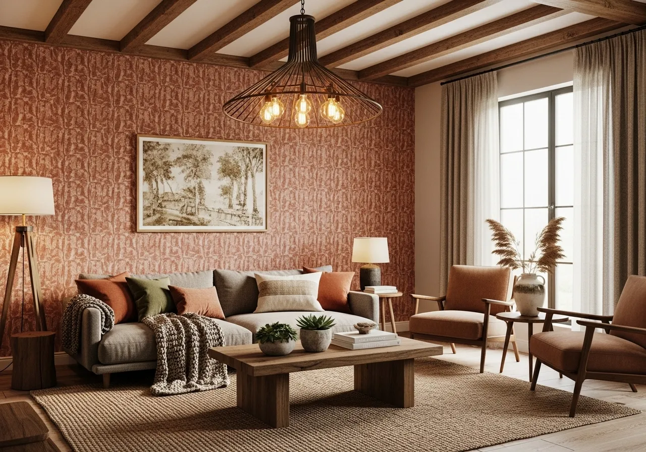 Terracotta patterned wallpaper living room with warm tones