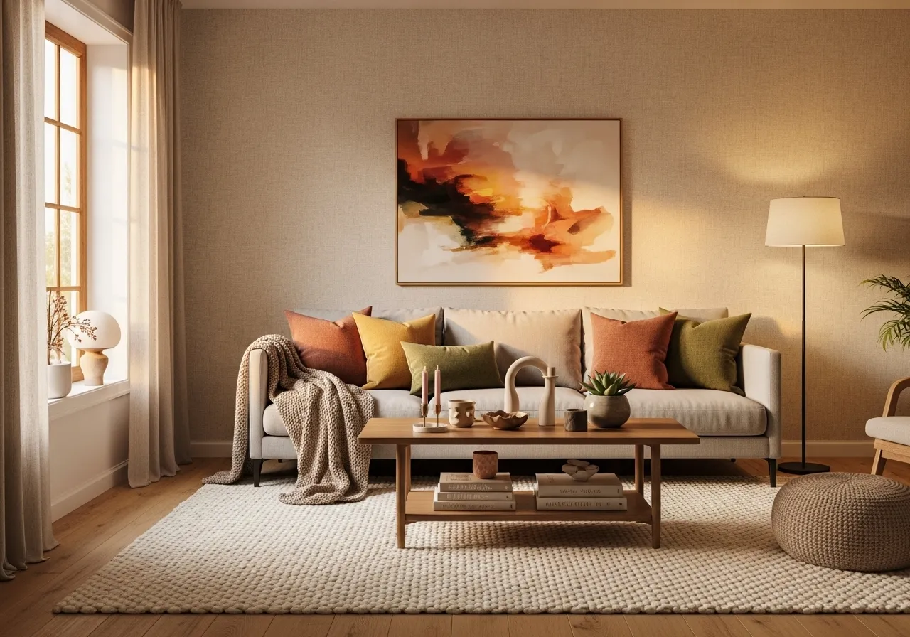 Textured beige wallpaper living room with warm neutral styling