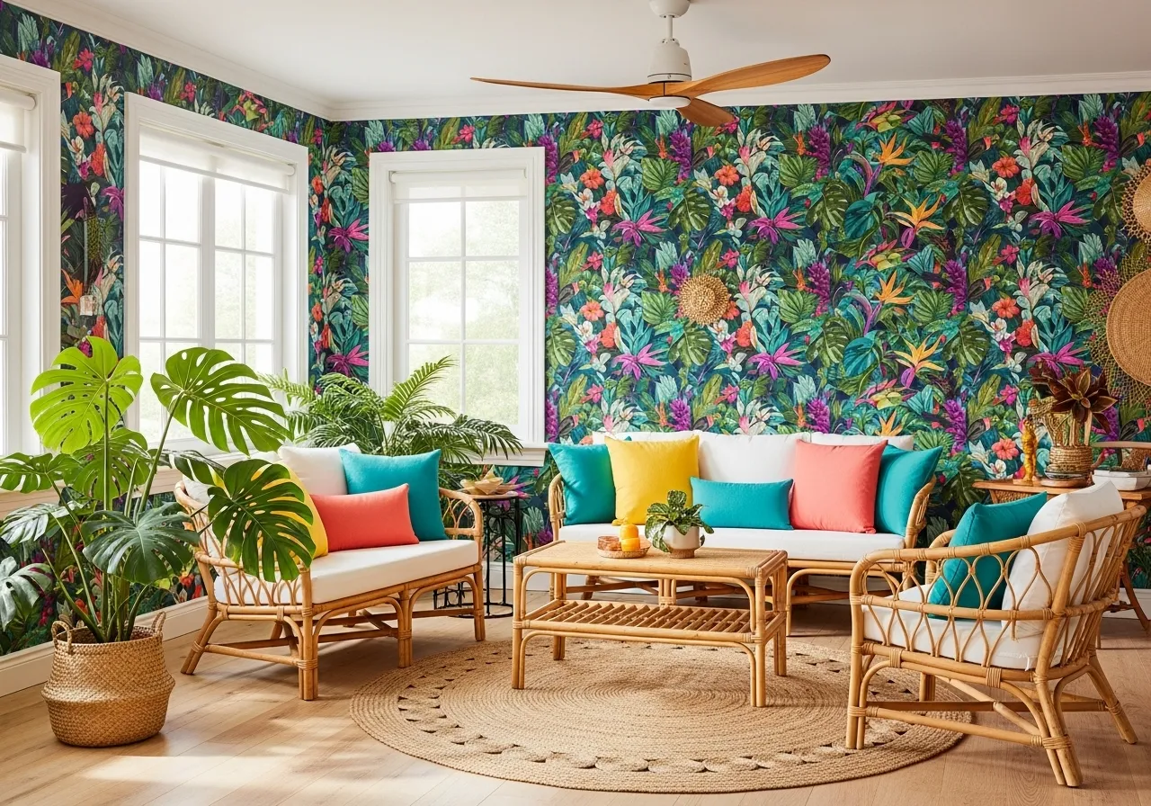 Colorful tropical living room with wallpaper and vibrant patterns