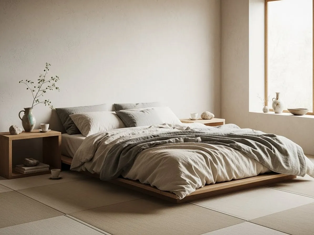 Low grounded furniture creating a calm wabi-sabi bedroom design
