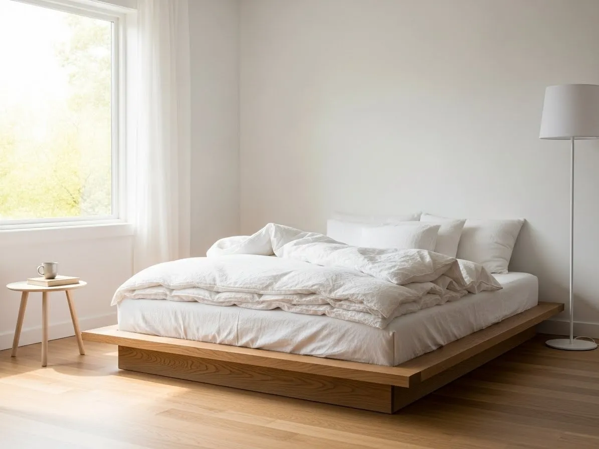 Low oak platform bed with white linens in a minimalist bedroom