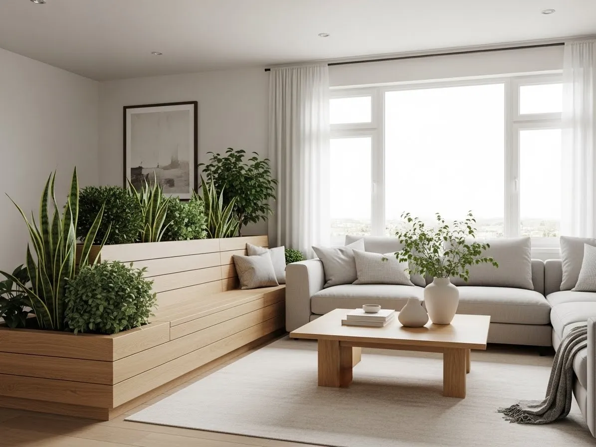 Low planter bench used as a stylish partition with indoor plants