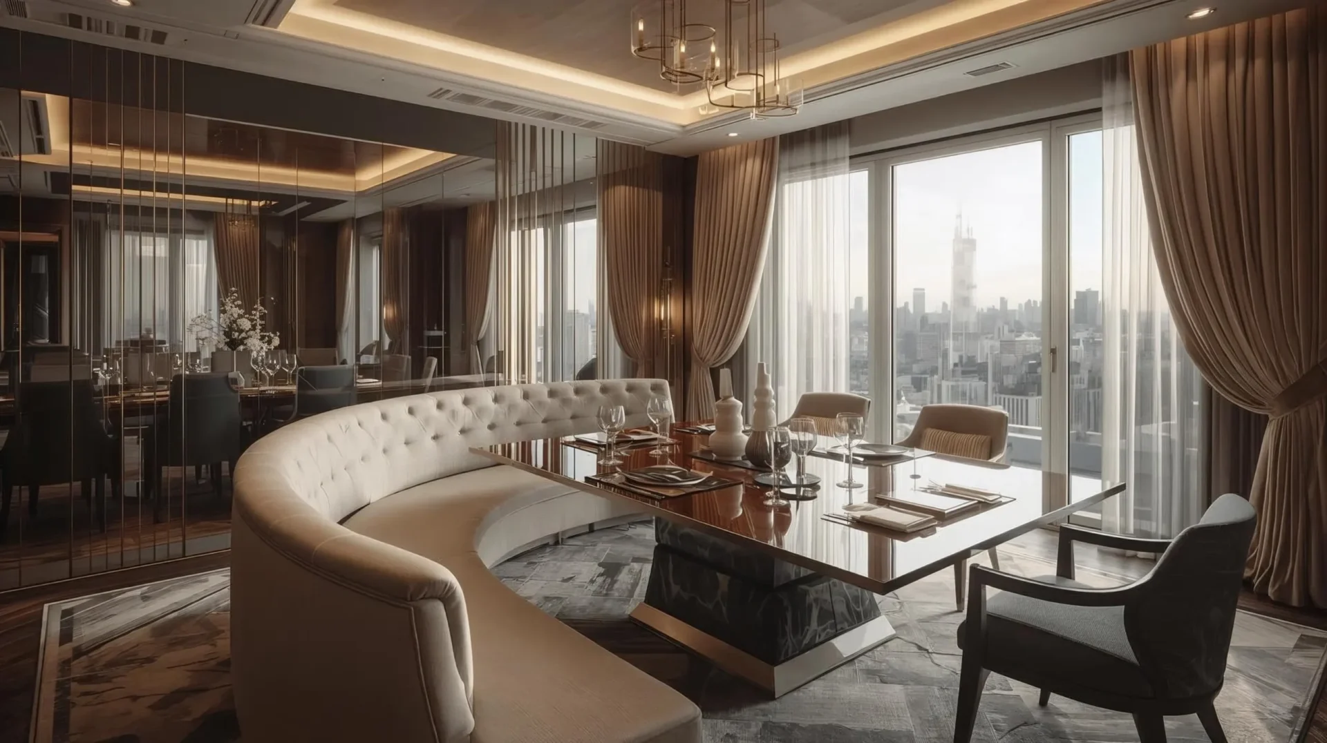 Luxurious dining room with wooden table and upholstered bench, stylish decor, warm lighting, and elegant modern accents