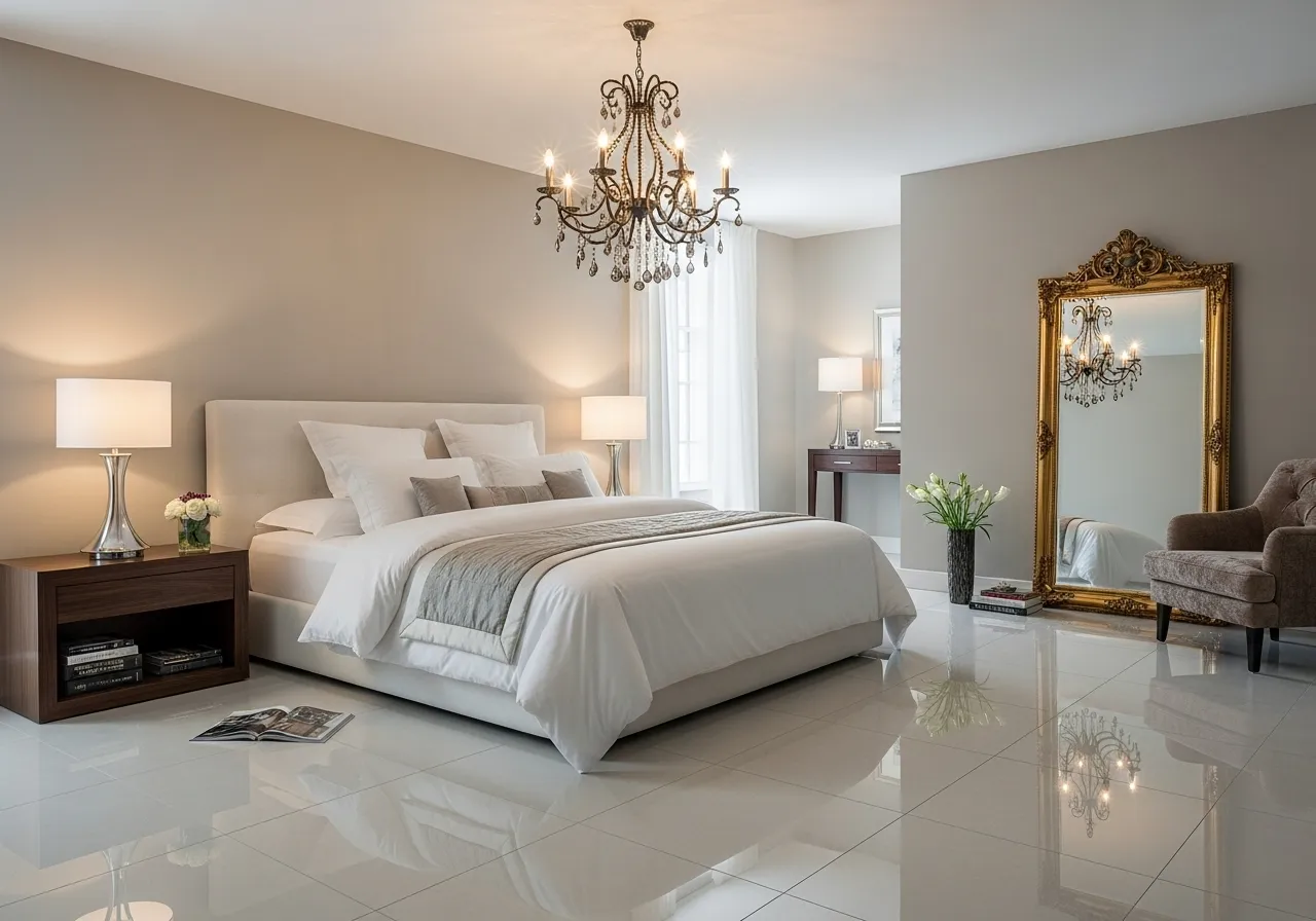 Luxury hotel-style bedroom-with-tile-floor with elegant modern decor