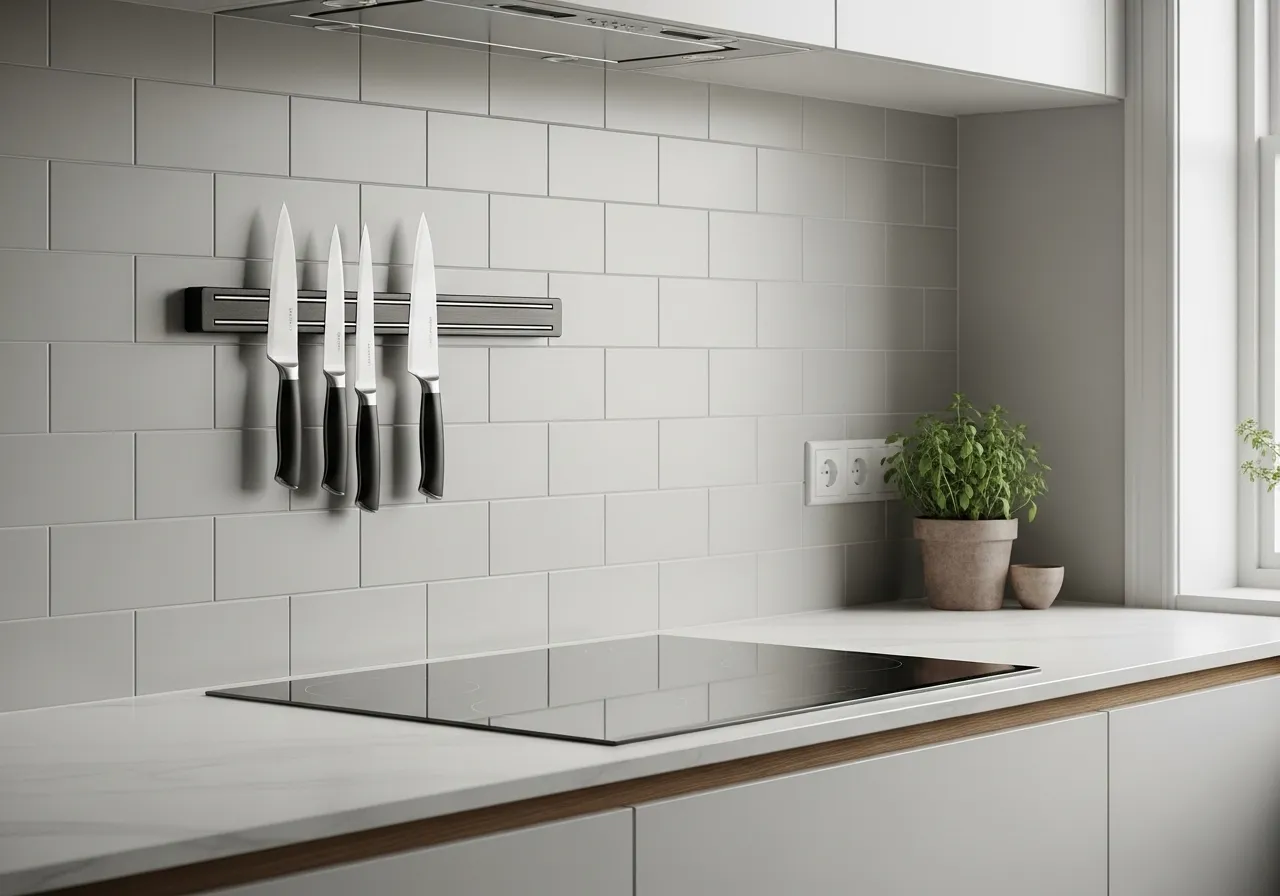 Minimalist kitchen ideas using magnetic knife strip for clean organization