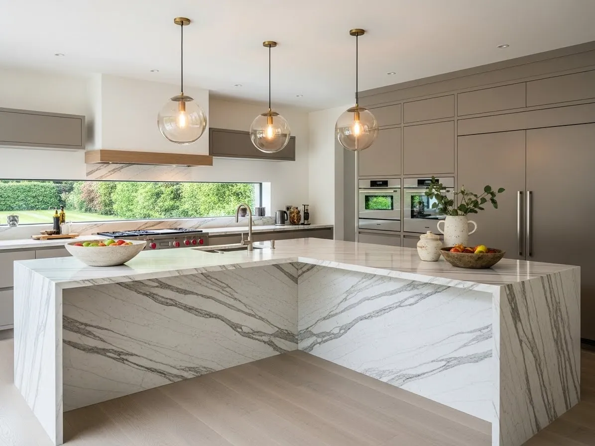 Curved marble kitchen island with waterfall edge in a modern luxury kitchen