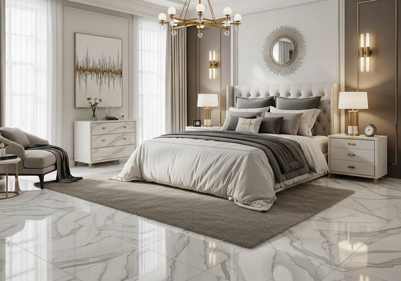 Luxury bedroom-with-tile-floor with marble-style tiles and elegant decor