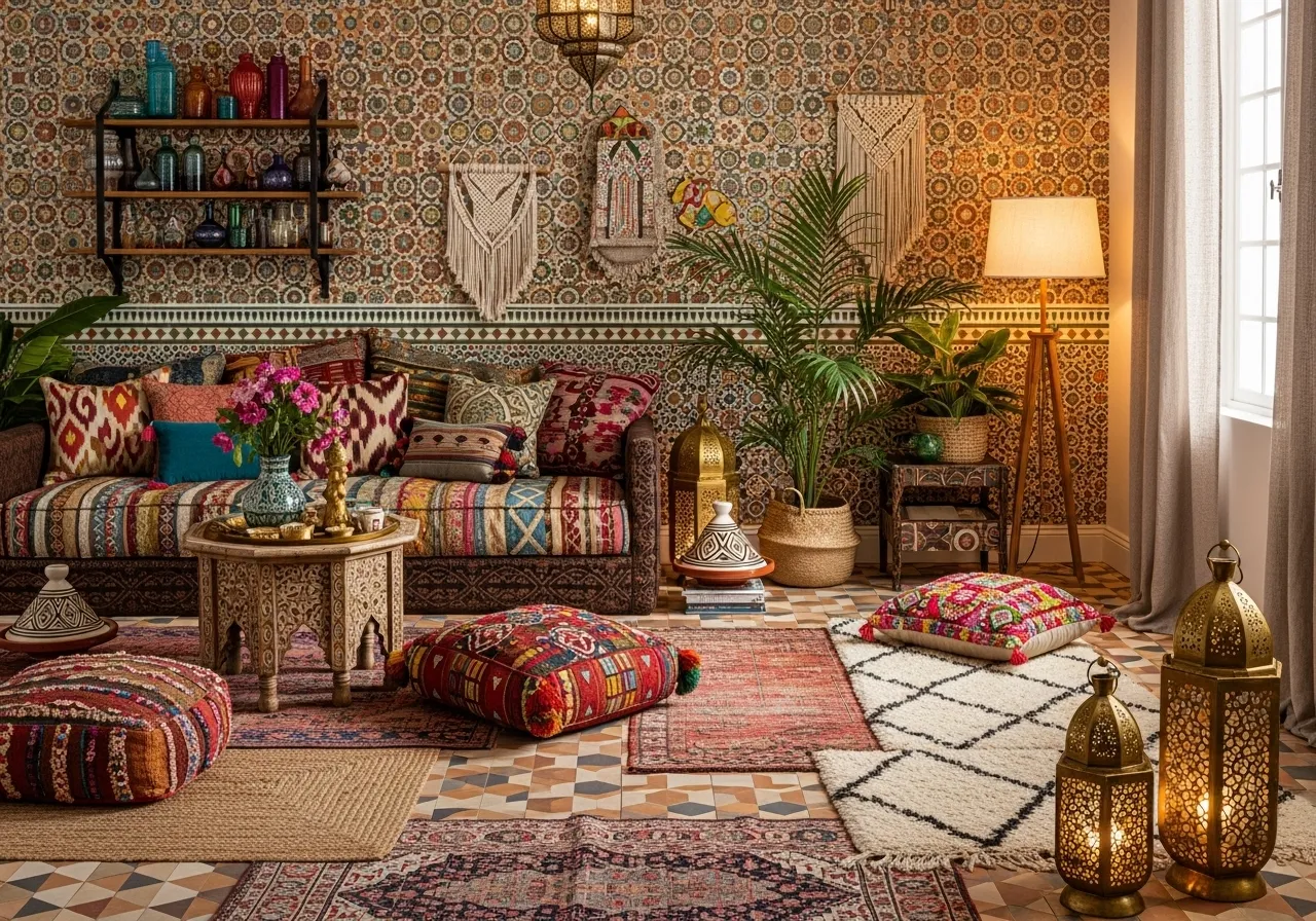 Boho living room with Marrakech-inspired patterned wallpaper