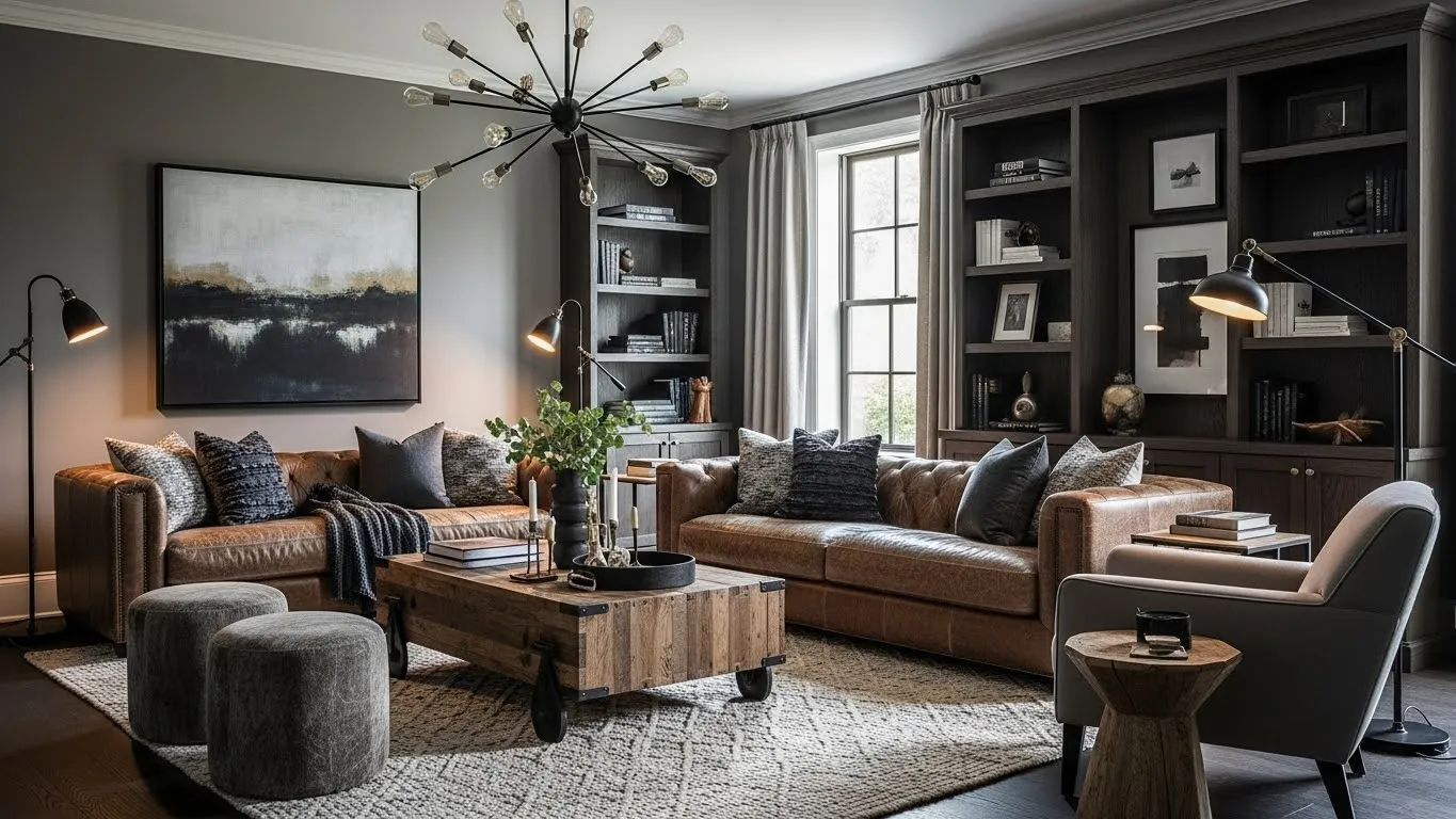 Stylish masculine living room ideas with leather furniture and modern decor