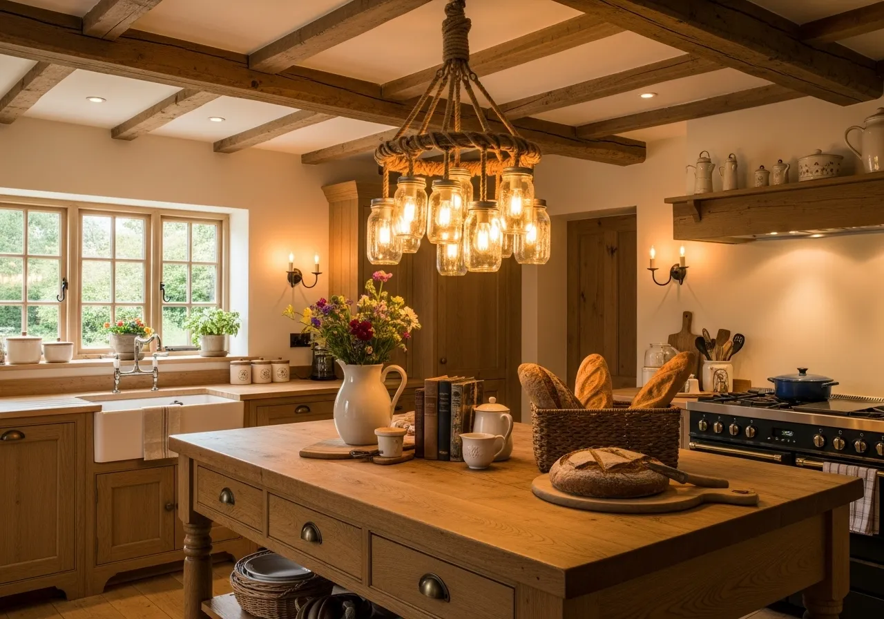 Country kitchen ideas with mason jar lighting and rustic farmhouse charm