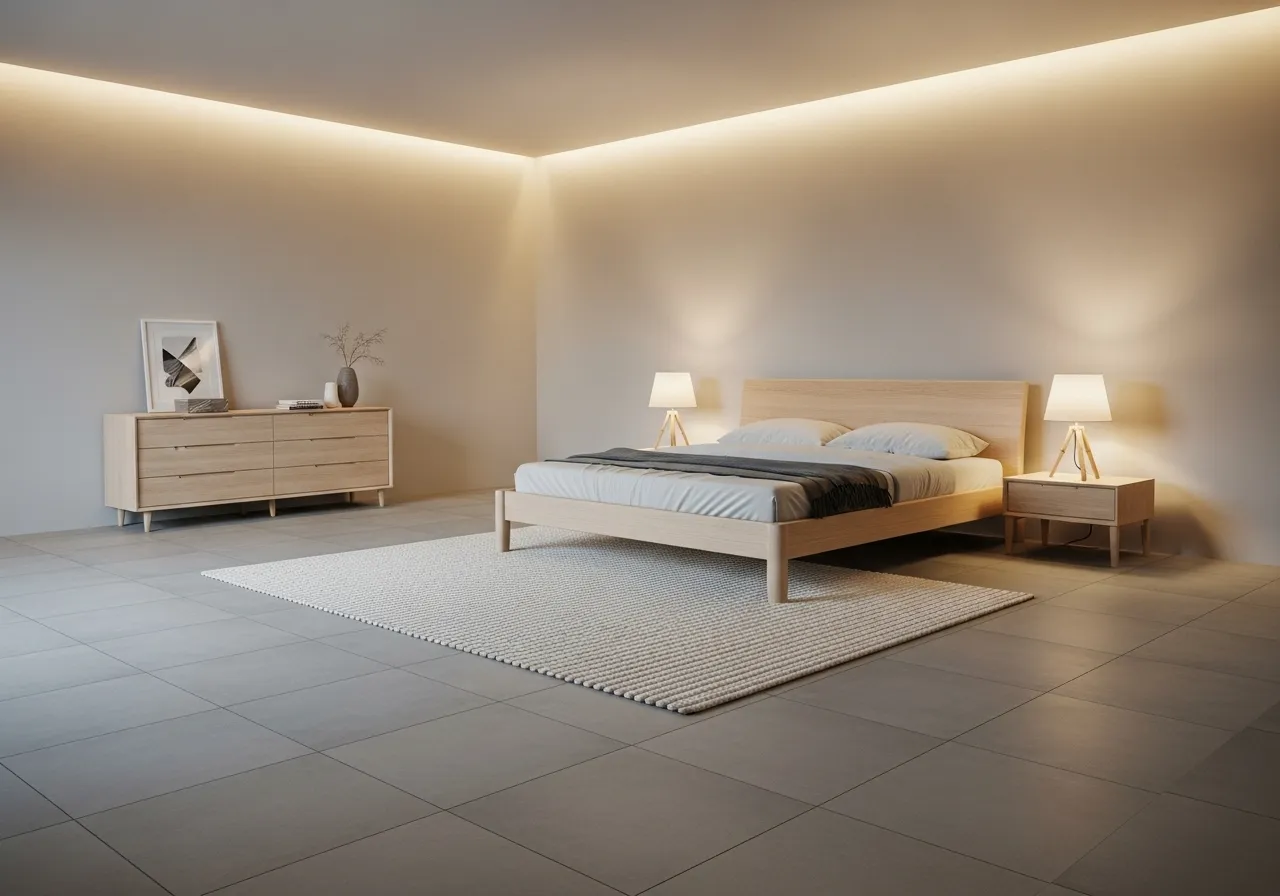 Matte bedroom-with-tile-floor with modern minimalist styling