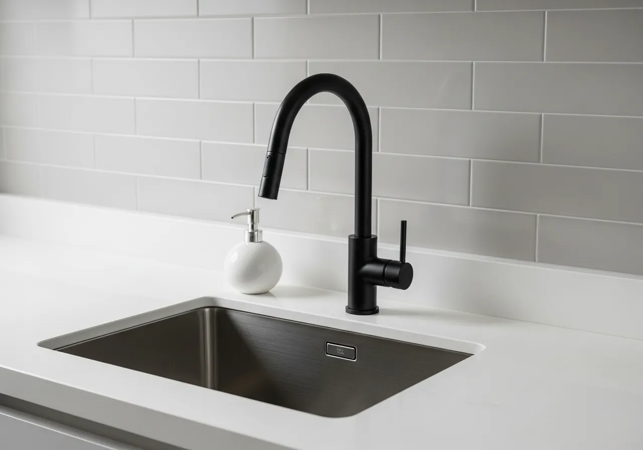 Minimalist kitchen ideas with matte black faucet and modern contrast