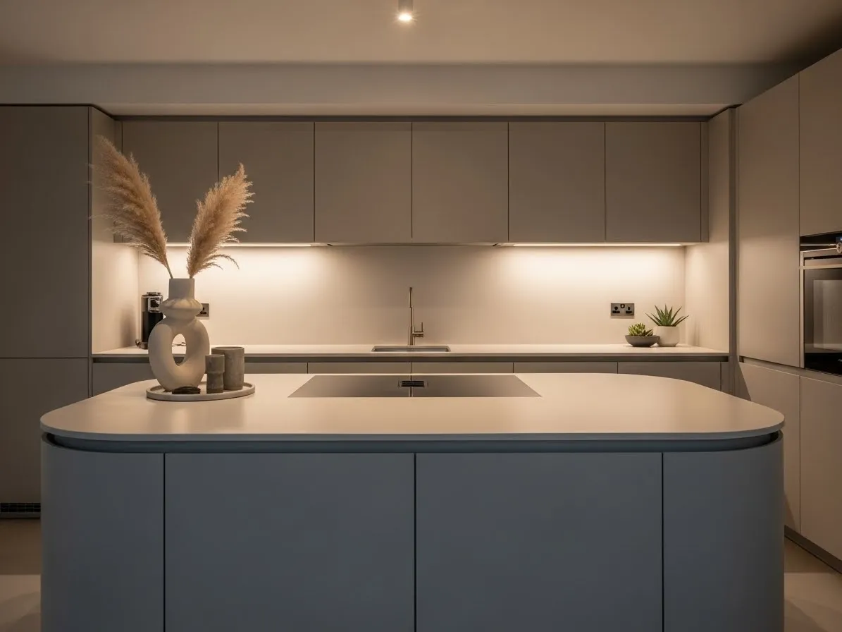 Matte finish curved kitchen island in a contemporary modern kitchen
