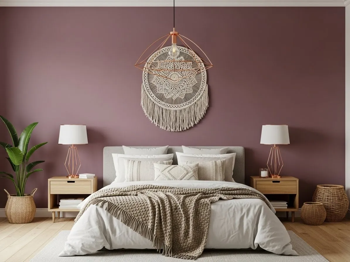 “Mauve boho coastal bedroom with modern accents and natural textures”