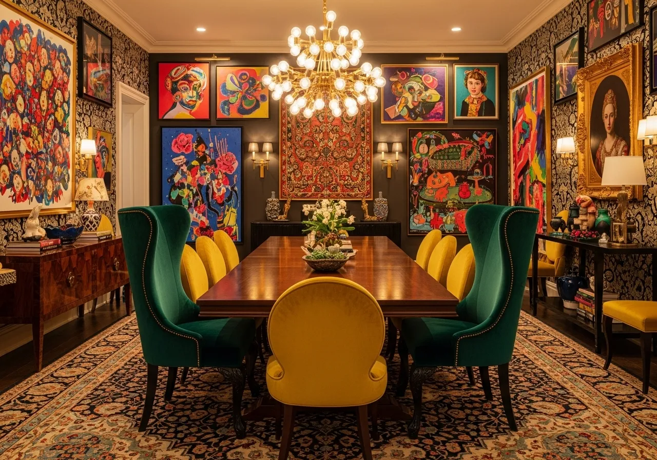 Maximalist dining room ideas with bold velvet dining chairs and eclectic styling