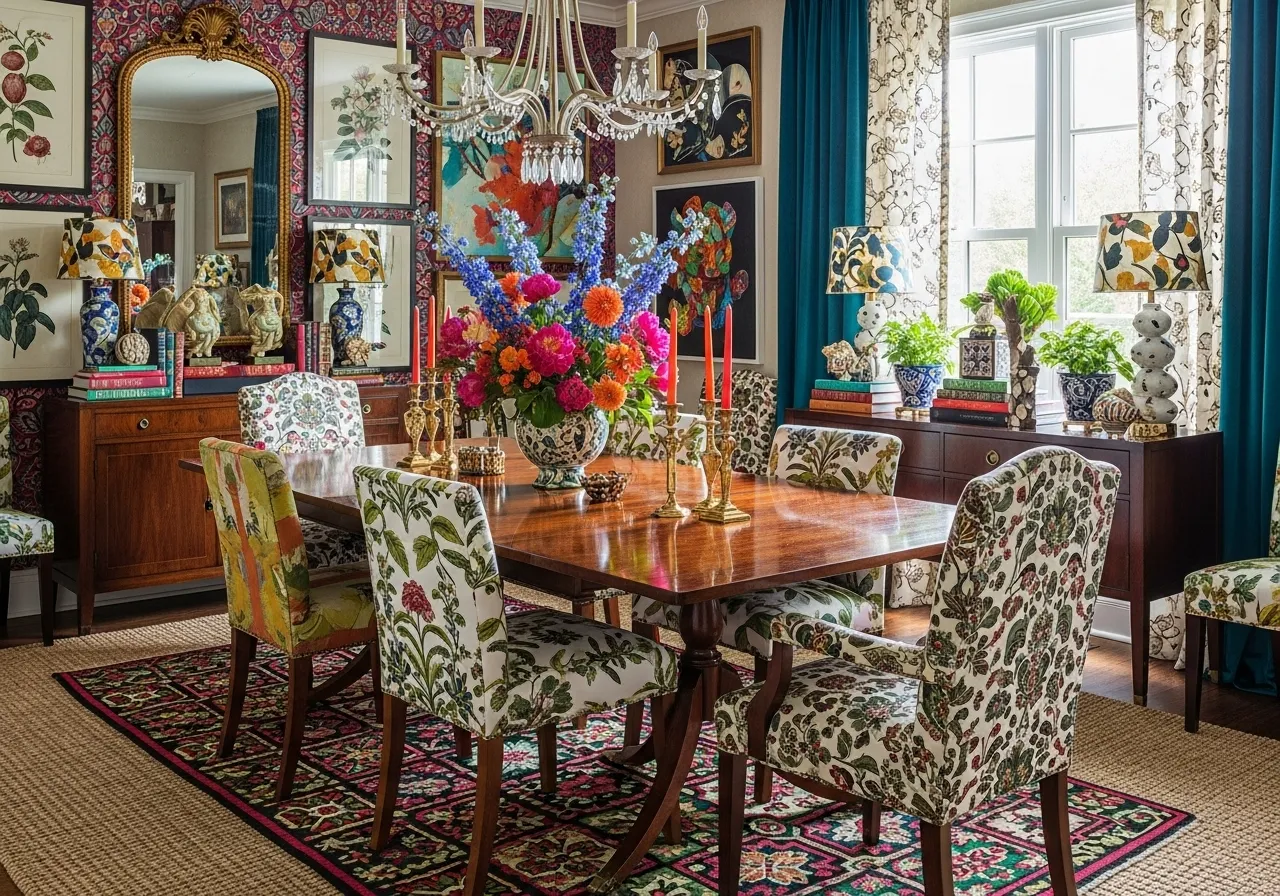 Maximalist dining room ideas with bold rug and statement flooring