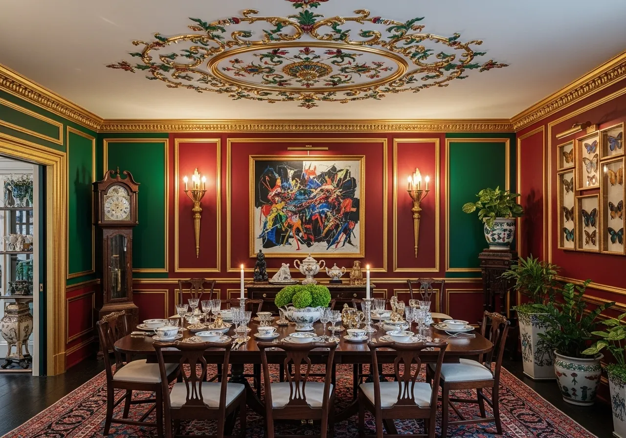 Maximalist dining room ideas with decorative ceiling and wall details