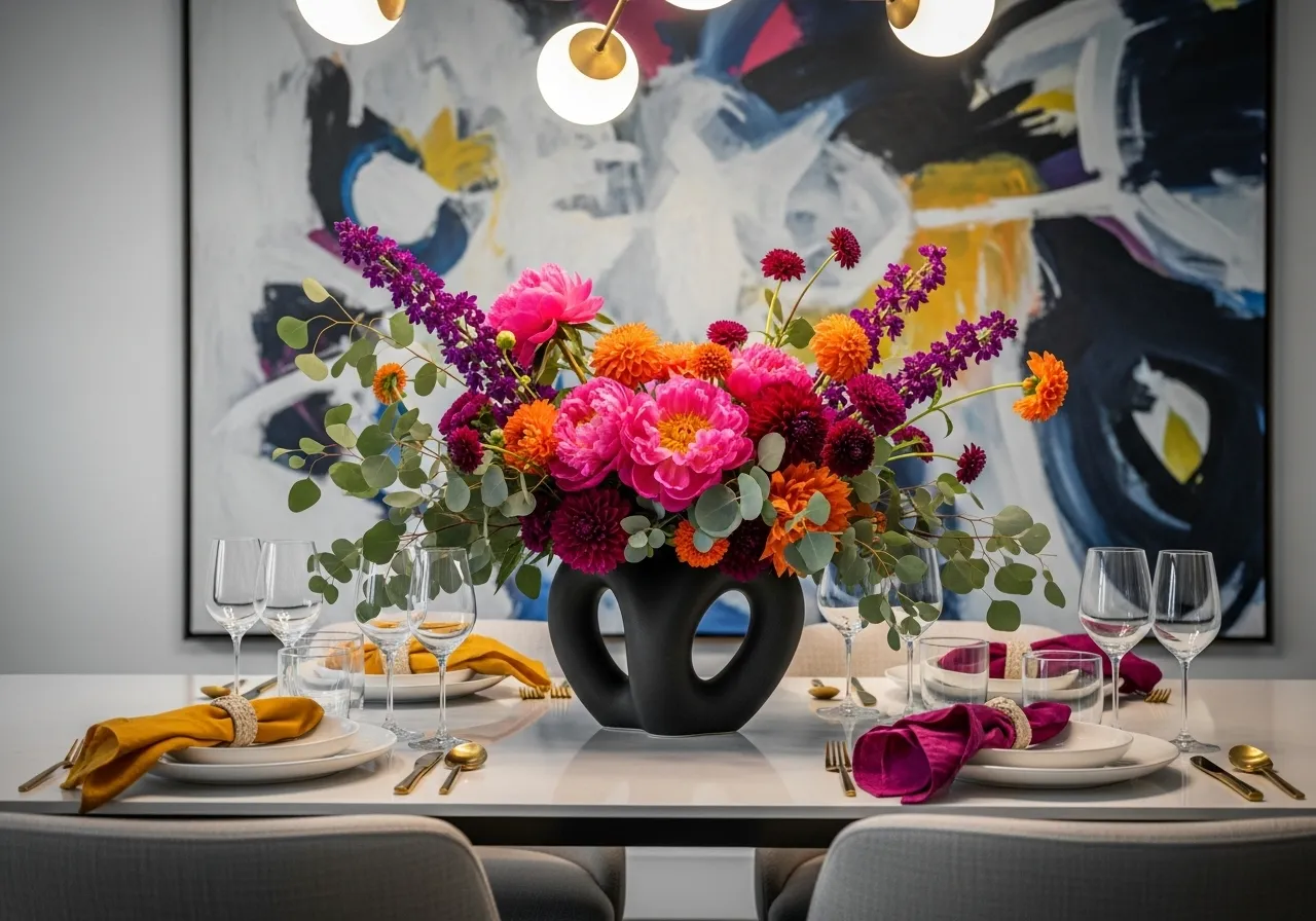 Maximalist dining room ideas with bold floral and sculptural centerpieces
