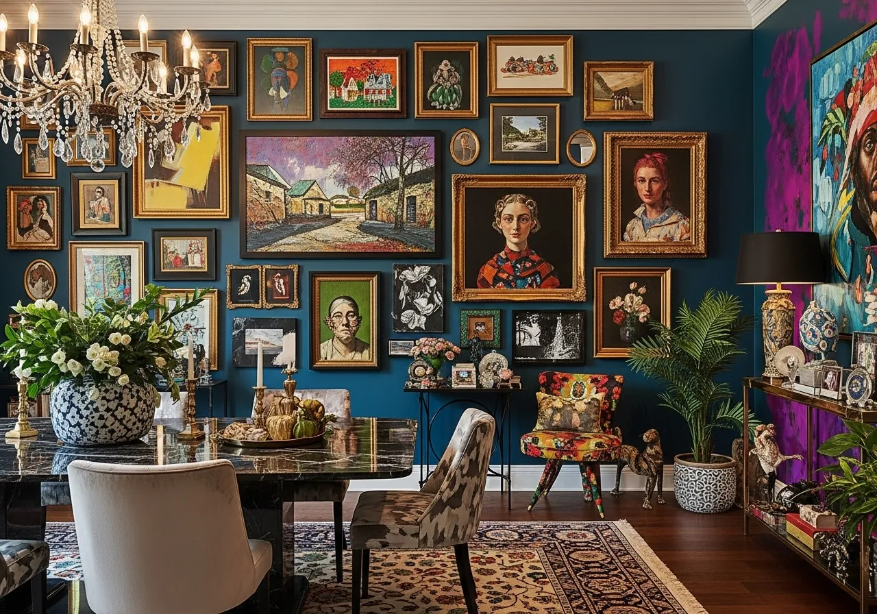Maximalist dining room ideas featuring an eclectic gallery wall